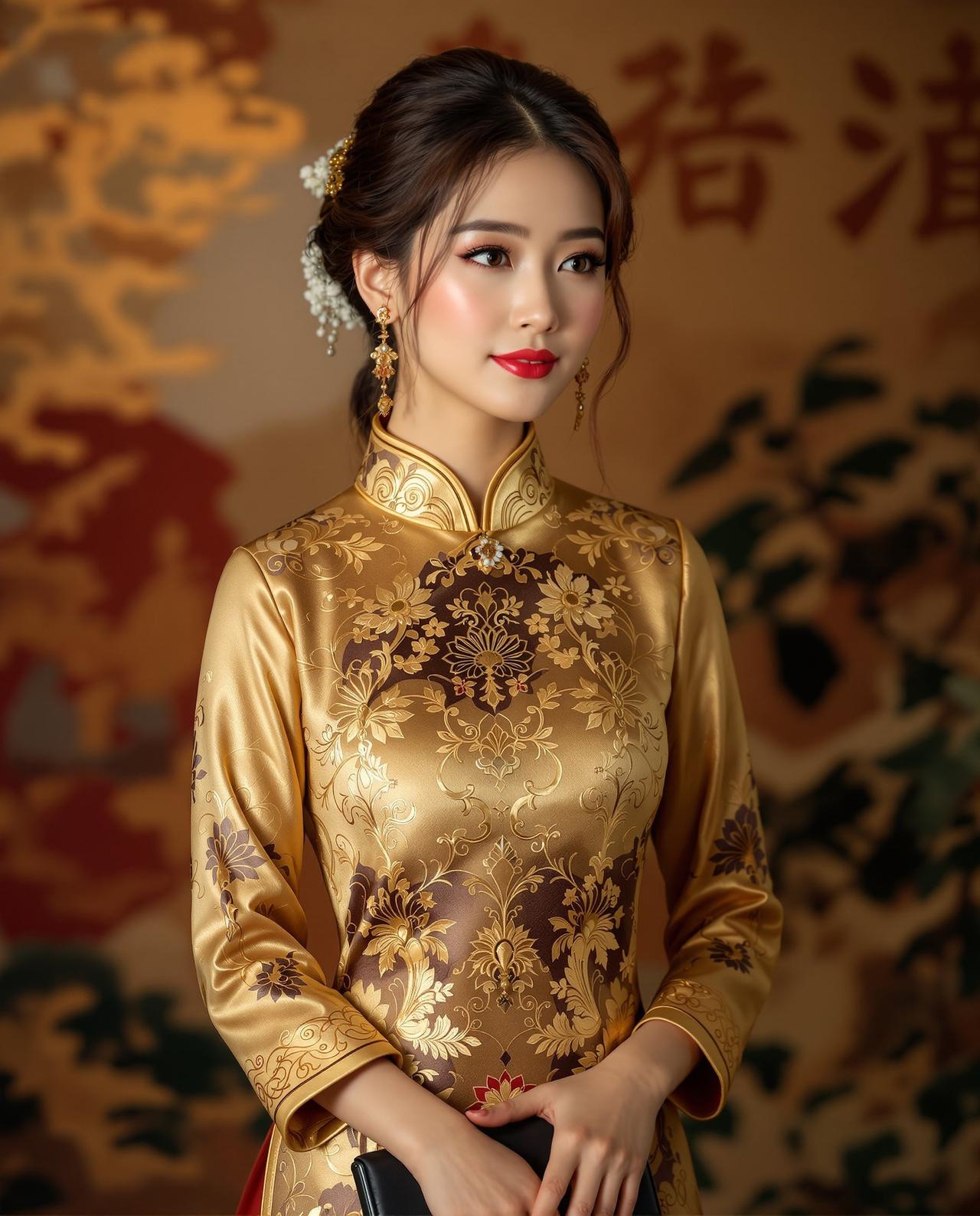 往期福利 金色刺绣旗袍·盛唐气象 - 旗袍写真高清大图